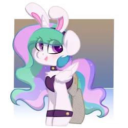 Size: 2000x2000 | Tagged: safe, artist:spoopygander, derpibooru import, princess celestia, alicorn, pony, bunny ears, bunny suit, bunnylestia, chest fluff, chibi, choker, clothes, cuffs (clothes), cute, cutelestia, cutie mark, eye clipping through hair, female, fishnets, horn, leotard, mare, multicolored mane, pantyhose, playboy bunny, smiling, socks, solo, stockings, thigh highs, wings