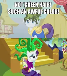 Size: 600x676 | Tagged: safe, derpibooru import, edit, edited screencap, screencap, humdrum, mane-iac, rarity, pony, boast busters, dragon dropped, book, cart, clothes, comic book, cosplay, costume, crying, green hair, merchandise, power ponies, scroll, stairs, teary eyes, tired, twilight's castle, waterfall