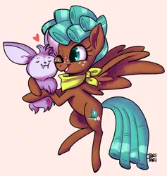 Size: 2567x2710 | Tagged: safe, artist:ohjeetorig, derpibooru import, bloofy, spur, pegasus, pony, whirling mungtooth, growing up is hard to do, cute, duo, ear fluff, flying, freckles, heart, hug, neckerchief, official fan art, one eye closed, signature, simple background