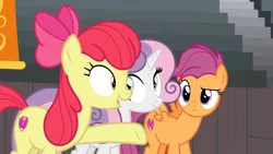 Size: 1600x900 | Tagged: apple bloom, bleachers, cutie mark, cutie mark crusaders, derpibooru import, growing up is hard to do, happy, older, older apple bloom, older cmc, older scootaloo, older sweetie belle, safe, scootaloo, screencap, sweetie belle, the cmc's cutie marks