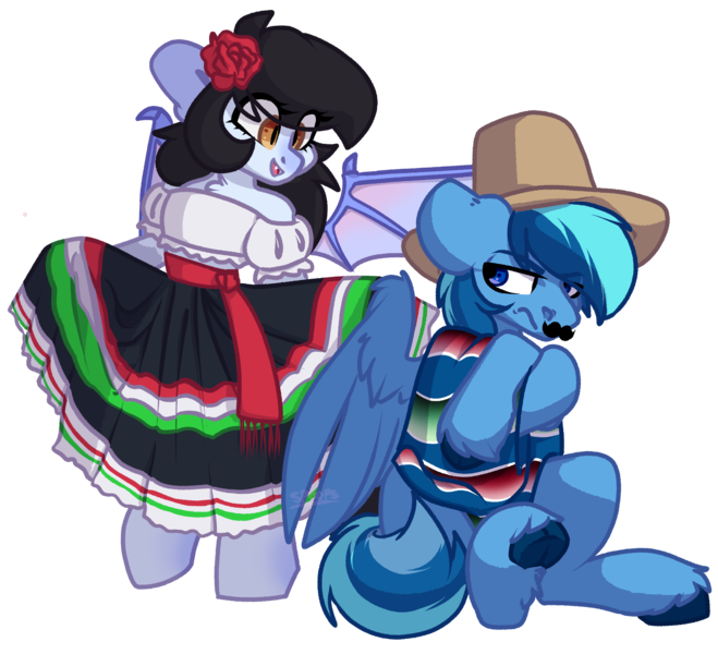 Size: 2021x1841 | Tagged: safe, artist:spoopygander, derpibooru import, oc, oc:mitzy, oc:umami stale, unofficial characters only, bat pony, pegasus, pony, bat wings, clothes, cloven hooves, crossed hooves, cute, dress, facial hair, female, flower, grumpy, male, mare, mexican, moustache, poncho, smiling, sombrero, stallion, unshorn fetlocks, wings