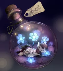 Size: 1280x1456 | Tagged: safe, artist:lonerdemiurge_nail, derpibooru import, oc, unofficial characters only, pegasus, pony, bottle, commission, cute, flower, glow, micro, pony in a bottle, solo, tiny, tiny ponies, ych result