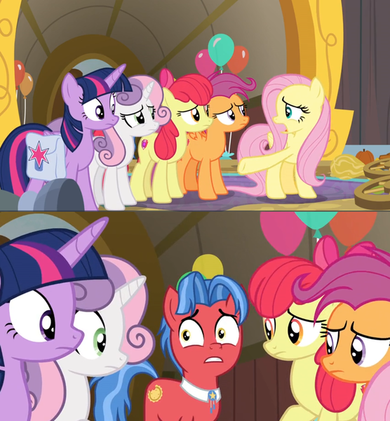 Size: 1600x1726 | Tagged: safe, derpibooru import, edit, edited screencap, screencap, apple bloom, biscuit, fluttershy, scootaloo, sweetie belle, twilight sparkle, twilight sparkle (alicorn), alicorn, pony, growing up is hard to do, bag, balloon, comic, cutie mark crusaders, nervous, older, older apple bloom, older cmc, older scootaloo, older sweetie belle, saddle bag, screencap comic, stare, wheel