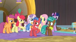 Size: 1600x900 | Tagged: safe, derpibooru import, screencap, apple bloom, biscuit, fluttershy, scootaloo, spur, sweetie belle, twilight sparkle, twilight sparkle (alicorn), alicorn, pony, growing up is hard to do, balloon, cutie mark crusaders, neckerchief, older, older apple bloom, older cmc, older scootaloo, older sweetie belle