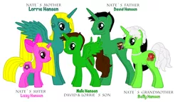 Size: 4944x2824 | Tagged: safe, derpibooru import, oc, oc:betty, oc:david, oc:lizzy, oc:lorrie, oc:nate, unofficial characters only, alicorn, pony, unicorn, pony creator, alicorn oc, brother and sister, daughter, family, family photo, father, female, granddaughter, grandmother, grandson, horn, male, mare, mother, siblings, son, stallion, wings