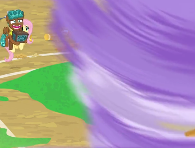 Size: 1168x888 | Tagged: safe, derpibooru import, screencap, bloofy, fluttershy, spur, pony, whirling mungtooth, growing up is hard to do, cropped, grin, neckerchief, nervous, nervous grin, smiling, tornado, twister