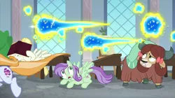 Size: 2000x1121 | Tagged: safe, derpibooru import, screencap, summer breeze, summer meadow, violet twirl, yona, bee, flash bee, insect, pegasus, pony, yak, a horse shoe-in, bow, cloven hooves, cowering, desk, female, friendship student, hair bow, mare, raised hoof, swarm