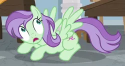 Size: 721x380 | Tagged: safe, derpibooru import, screencap, violet twirl, pegasus, pony, a horse shoe-in, background pony, cowering, cropped, female, friendship student, looking up, mare, solo