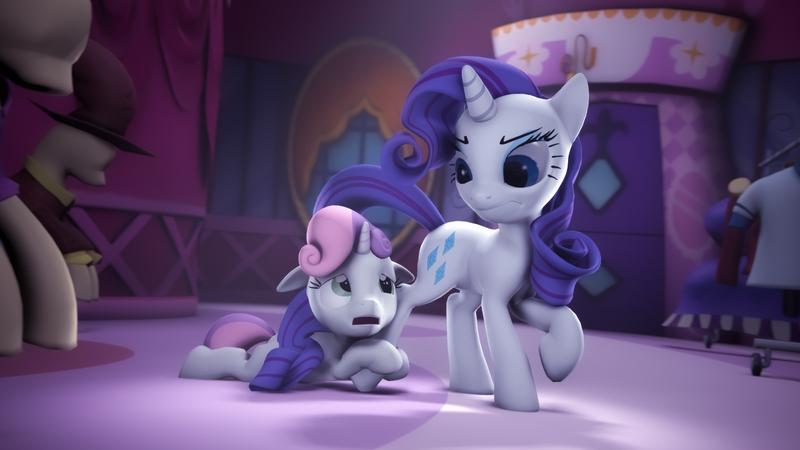 Size: 1425x802 | Tagged: safe, artist:rainbowdashsnipers, derpibooru import, rarity, sweetie belle, pony, growing up is hard to do, 3d, begging, carousel boutique, duo, floppy ears, mannequin, scene interpretation