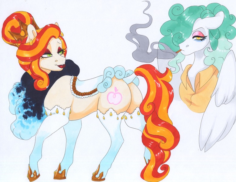 Size: 3835x2954 | Tagged: safe, artist:frozensoulpony, derpibooru import, oc, oc:jade luck, oc:little lady, earth pony, pegasus, pony, adopted offspring, butt, cigarette, clothes, female, high res, mare, offspring, parent:applejack, parent:flim, parent:rarity, parents:flimjack, plot, saddle, shirt, socks, tack, traditional art