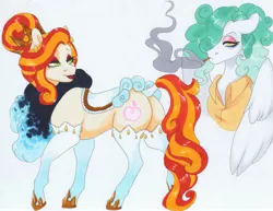 Size: 3835x2954 | Tagged: safe, artist:frozensoulpony, derpibooru import, oc, oc:jade luck, oc:little lady, earth pony, pegasus, pony, adopted offspring, butt, cigarette, clothes, female, high res, mare, offspring, parent:applejack, parent:flim, parent:rarity, parents:flimjack, plot, saddle, shirt, socks, tack, traditional art