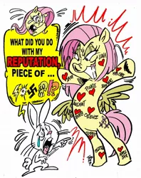Size: 1012x1280 | Tagged: angel bunny, artist:grotezco, artist:tokiotoyy2k, body swap, censored vulgarity, crying, derpibooru import, dialogue, evil grin, fluttershy, grawlixes, grin, heart, hip wings, implied applejack, implied big macintosh, implied cup cake, implied pinkie pie, implied princess cadance, implied princess celestia, implied princess luna, implied rainbow dash, implied rarity, implied tempest shadow, implied twilight sparkle, nazi, rearing, safe, she talks to angel, simple background, smiling, swastika, tattoo, white background, word balloon