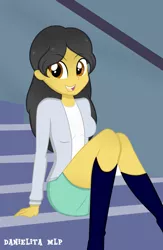 Size: 721x1108 | Tagged: safe, artist:danielitamlp, derpibooru import, oc, oc:danielita, unofficial characters only, equestria girls, boots, breasts, clothes, equestria girls-ified, female, legs, looking at you, miniskirt, open mouth, shoes, sitting, skirt, smiling, socks, solo