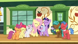 Size: 1366x768 | Tagged: safe, derpibooru import, screencap, apple bloom, biscuit, bloofy, fluttershy, scootaloo, spur, sweetie belle, twilight sparkle, twilight sparkle (alicorn), alicorn, earth pony, pegasus, pony, unicorn, whirling mungtooth, growing up is hard to do, bag, box, chest, cutie mark crusaders, door, female, filly, laughing, neckerchief, ribbon, saddle bag, teenager, train station, window