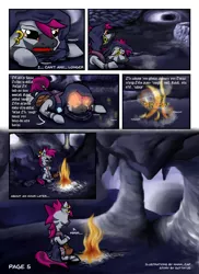 Size: 2550x3507 | Tagged: artist:khaki-cap, campfire, cave, comic:coldness, comic page, derpibooru import, oc, oc:zjin-wolfwalker, quadrupedal, safe, solo, unofficial characters only, zebra, zebra oc