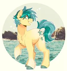 Size: 895x949 | Tagged: safe, artist:wanderingpegasus, derpibooru import, sandbar, earth pony, pony, alternate design, cheek fluff, chest fluff, colored hooves, cute, ear fluff, heart, irl background, leg fluff, male, profile, raised hoof, sandabetes, scenery, smiling, solo, stallion