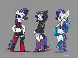 Size: 2357x1757 | Tagged: suggestive, artist:satv12, derpibooru import, rarity, semi-anthro, unicorn, belly button, bipedal, boots, butt, clothes, cute, duality, female, gray background, high heel boots, hoodie, looking at you, looking back, looking back at you, mare, midriff, miniskirt, moe, one eye closed, race queen, shoes, simple background, skirt, solo, solo female, sports bra, wink, zettai ryouiki