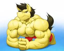 Size: 1125x900 | Tagged: safe, artist:ponyanony, derpibooru import, oc, unofficial characters only, anthro, earth pony, unguligrade anthro, anthro oc, biceps, bodybuilder, clasped hands, clothes, deltoids, looking at you, male, muscles, pecs, shorts, solo, stallion, sweat, triceps, vein