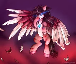 Size: 3200x2705 | Tagged: semi-grimdark, artist:cornelia_nelson, derpibooru import, pony, battlefield, fantasy class, flight, glowing eyes, jewelry, pendant, spread wings, warrior, wings