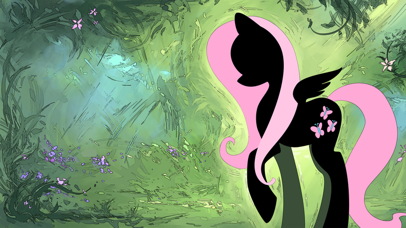 Size: 2560x1440 | Tagged: safe, artist:genjilim, derpibooru import, fluttershy, pegasus, pony, female, mare, silhouette, solo, wallpaper