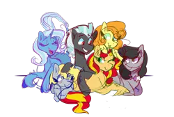 Size: 4592x3080 | Tagged: safe, artist:cubbybatdoodles, derpibooru import, carrot top, derpy hooves, ditzy doo, golden harvest, octavia melody, sunset shimmer, thunderlane, trixie, earth pony, pegasus, pony, unicorn, alternate mane six, alternate universe, female, leonine tail, male, mare, simple background, stallion, transparent background, unshorn fetlocks