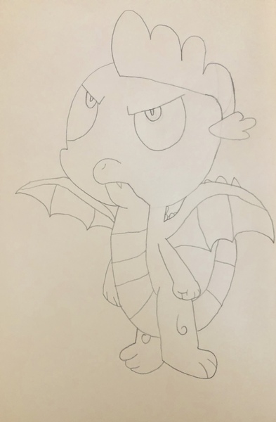 Size: 2612x3991 | Tagged: angry, artist:undeadponysoldier, derpibooru import, dragon, drawn with reference, fist, looking up, male, molt down, pencil drawing, safe, simple background, solo, spike, spread wings, traditional art, winged spike, wings