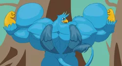 Size: 4440x2400 | Tagged: anthro, artist:mimic12455, biceps, commission, derpibooru import, fetish, flexing, gallifts, gallus, hyper, hyper muscle, male, muscle fetish, muscles, overdeveloped muscles, solo, solo male, suggestive, ych result, your character here