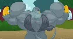 Size: 4440x2400 | Tagged: anthro, artist:mimic12455, biceps, commission, derpibooru import, female, fetish, flexing, gabbeef, gabby, hyper, hyper muscle, muscle fetish, muscles, overdeveloped muscles, solo, solo female, suggestive, ych result, your character here