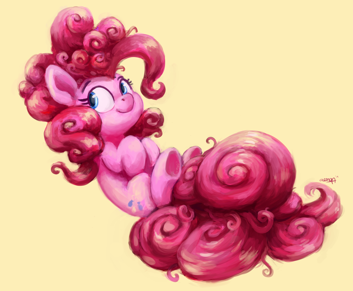 Size: 3281x2700 | Tagged: safe, artist:aemantaslim, derpibooru import, pinkie pie, earth pony, pony, cute, diapinkes, female, hooves to the chest, mare, on back, simple background, smiling, solo, underhoof, yellow background