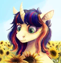Size: 878x910 | Tagged: safe, artist:black-opal1, derpibooru import, oc, unofficial characters only, pony, unicorn, curved horn, female, field, flower, horn, mare, solo, sunflower