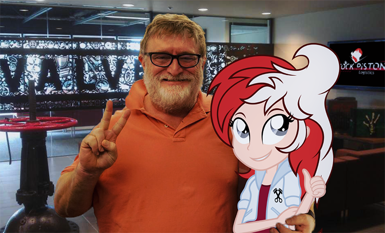 Size: 750x454 | Tagged: safe, artist:fuzzybrushy, derpibooru import, oc, oc:stock piston, equestria girls, 1000 years in photoshop, equestria girls in real life, gabe newell, irl, meme, photo, steam (software), valve software