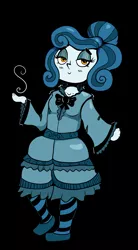 Size: 1650x2993 | Tagged: artist:paskanaakka, black background, clothes, derpibooru import, dress, female, human, humanized, humanized oc, lidded eyes, oc, oc:cerulean swirls, safe, shoes, simple background, smiling, socks, solo, stockings, striped socks, thigh highs, unofficial characters only