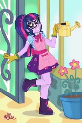 Size: 2400x3600 | Tagged: safe, artist:milliedubois, derpibooru import, sci-twi, twilight sparkle, equestria girls, equestria girls series, my little shop of horrors, apron, boots, celestia's house, clothes, cute, flower, glasses, gloves, looking at you, raised leg, shoes, smiling, solo, twiabetes, watering can