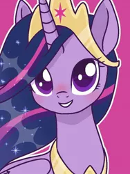 Size: 736x981 | Tagged: artist needed, safe, derpibooru import, princess twilight 2.0, twilight sparkle, twilight sparkle (alicorn), alicorn, pony, the last problem, blushing, epilogue, female, looking at you, mare, older, older twilight, pink background, simple background, smiling, solo, ultimate twilight, white outline