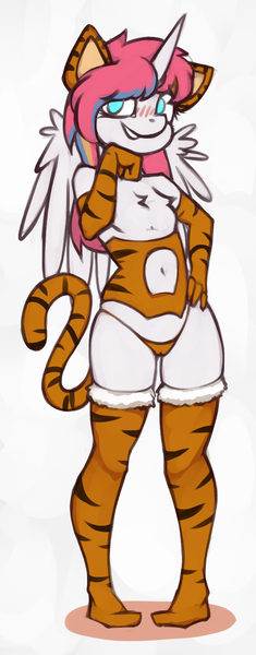 Size: 743x1896 | Tagged: alicorn, alicorn oc, anthro, anthro oc, artist:marsminer, big cat, cameltoe, clothes, costume, crossdressing, derpibooru import, femboy, genital slit, gloves, horn, long gloves, male, oc, oc:nekonin, panties, plantigrade anthro, questionable, socks, solo, solo male, thigh highs, thong, tiger, underwear, unofficial characters only, wings