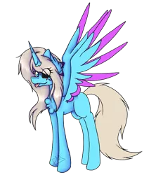Size: 692x746 | Tagged: safe, artist:chazmazda, derpibooru import, oc, oc:charlie gallaxy-starr, unofficial characters only, alicorn, pony, :p, alicorn oc, black sclera, chest fluff, eye clipping through hair, female, full body, fullbody, horn, mare, mismatched eyes, shade, simple background, tongue out, transparent background, wings