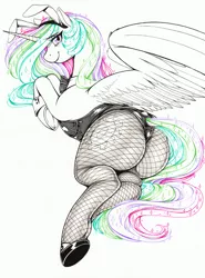 Size: 1223x1649 | Tagged: suggestive, artist:longinius, derpibooru import, princess celestia, alicorn, pony, bowtie, bunny ears, bunny suit, bunnylestia, butt, clothes, cuffs (clothes), dock, female, fishnets, leotard, looking at you, looking back, looking back at you, mare, marker drawing, multicolored mane, one-piece swimsuit, pantyhose, partial color, playboy bunny, plot, praise the sun, ribbon, shoes, simple background, socks, solo, solo female, spread wings, stockings, swimsuit, thigh highs, traditional art, white background, wings