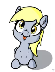 Size: 617x811 | Tagged: safe, artist:yakoshi, derpibooru import, derpy hooves, pony, :p, chest fluff, cute, derpabetes, eye clipping through hair, female, head tilt, looking at you, mare, prone, simple background, smiling, solo, tongue out, white background