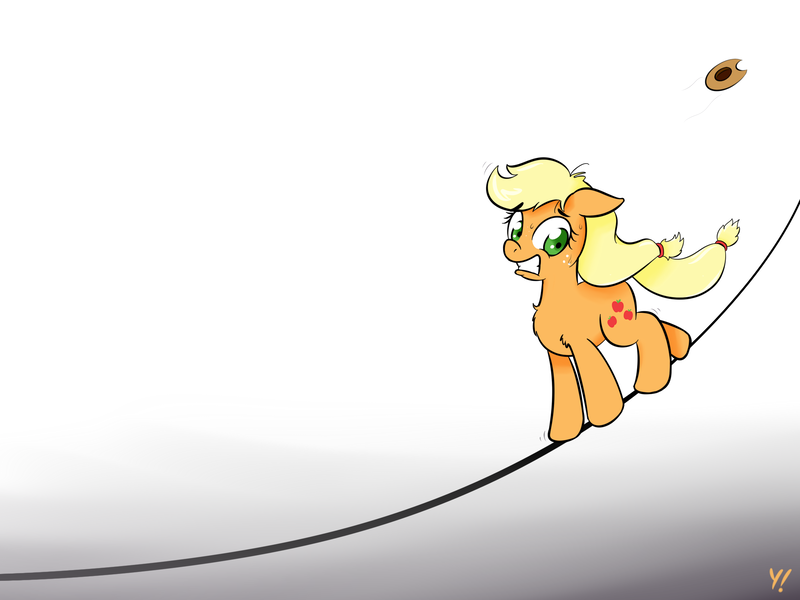 Size: 2000x1500 | Tagged: safe, artist:yakoshi, derpibooru import, applejack, pony, gradient background, hat, nervous, newbie artist training grounds, solo, sweat, tightrope