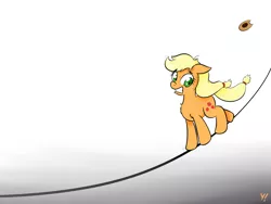 Size: 2000x1500 | Tagged: safe, artist:yakoshi, derpibooru import, applejack, pony, gradient background, hat, nervous, newbie artist training grounds, solo, sweat, tightrope