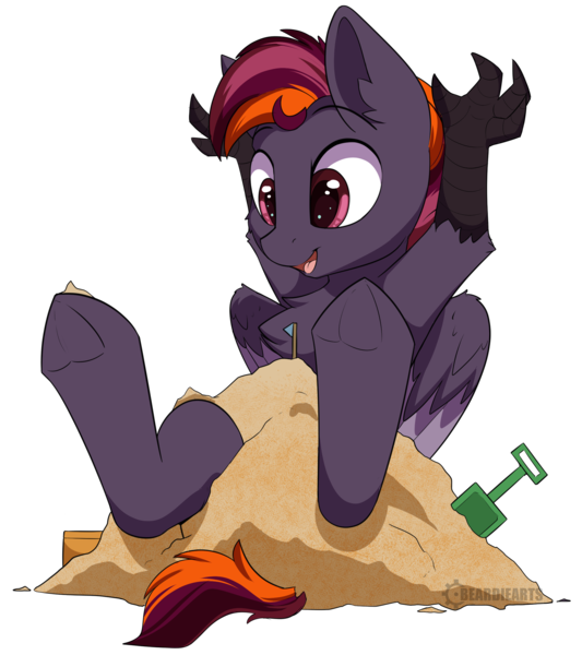 Size: 2184x2457 | Tagged: safe, artist:beardie, derpibooru import, oc, oc:sweeping quill, unofficial characters only, pony, cute, foal, offspring, parent:oc:blazing heart, parent:oc:crafted sky, parents:oc x oc, playing, sand, simple background, transparent background