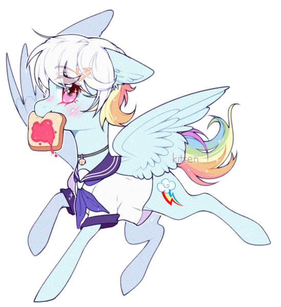 Size: 1026x1121 | Tagged: safe, artist:kitten-in-the-jar, derpibooru import, rainbow dash, pegasus, pony, bell, bell collar, bread, collar, digital art, eye clipping through hair, female, food, mare, mouth hold, rainbow-less dash, schoolgirl toast, simple background, solo, toast, transparent background