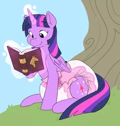 Size: 4026x4243 | Tagged: suggestive, artist:cuddlehooves, derpibooru import, twilight sparkle, twilight sparkle (alicorn), alicorn, pony, abdl, book, book of harmony, cutie mark, diaper, diaper fetish, female, fetish, levitation, magic, paid content, patreon, poofy diaper, reading, reward, september, smiling, solo, solo female, telekinesis, tree