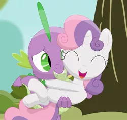 Size: 919x870 | Tagged: safe, artist:porygon2z, derpibooru import, spike, sweetie belle, dragon, pony, cute, diasweetes, eyes closed, female, filly, holding a pony, hug, male, shipping, spikebelle, straight, tree