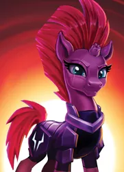 Size: 1575x2175 | Tagged: safe, artist:harwick, derpibooru import, tempest shadow, pony, unicorn, my little pony: the movie, armor, beautiful, broken horn, cracked horn, eye scar, female, gradient background, horn, looking at you, mare, mohawk, scar, smiling, smirk, solo