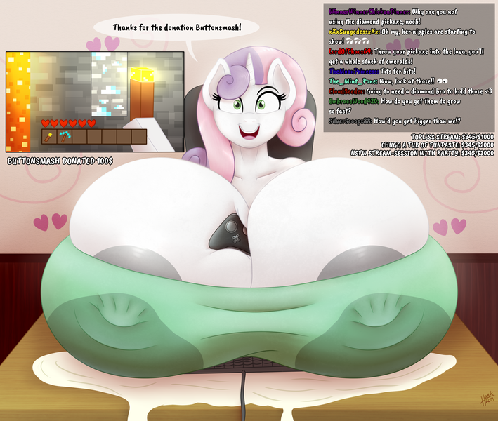 Size: 5000x4232 | Tagged: questionable, alternate version, artist:09hankris, derpibooru import, sweetie belle, anthro, unicorn, areola, areola slip, big breasts, breast milk, breasts, busty sweetie belle, chat, clothes, controller, erect nipples, exhibitionism, female, huge breasts, hyper, hyper breasts, implied button mash, implied discord, implied lyra, implied princess celestia, implied princess luna, implied scootaloo, implied silver spoon, implied tree hugger, impossibly large breasts, keyboard, lactation, livestream, looking at you, milk, nipple outline, nipples, nudity, older, older sweetie belle, smiling, solo, solo female, twitch, wet clothes, xbox 360 controller