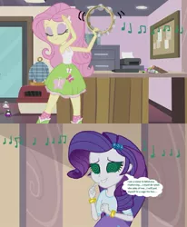 Size: 1003x1217 | Tagged: safe, derpibooru import, edit, edited screencap, editor:thomasfan45, screencap, fluttershy, rarity, hamster, equestria girls, hamstocalypse now, rainbow rocks, 1000 hours in ms paint, accidental hypnosis, animal shelter, barrette, bracelet, clothes, hypno eyes, hypnotic music, jewelry, mind control, mistress, music notes, musical instrument, skirt, solo, story included, swirly eyes, tambourine, tanktop