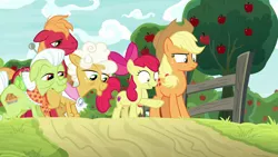 Size: 1280x720 | Tagged: safe, derpibooru import, screencap, apple bloom, applejack, big macintosh, goldie delicious, granny smith, pony, going to seed, apple, apple tree, fence, food, tree