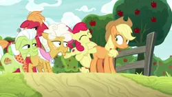 Size: 1280x720 | Tagged: safe, derpibooru import, screencap, apple bloom, applejack, big macintosh, goldie delicious, granny smith, pony, going to seed, apple, apple tree, fence, food, tree