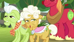 Size: 1280x720 | Tagged: safe, derpibooru import, screencap, big macintosh, goldie delicious, granny smith, pony, going to seed, apple, apple tree, fence, food, tree